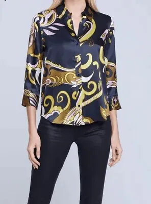L Agence 3/4 Sleeve Black Printed Buttondown Silk Shirt Size Medium • $89
