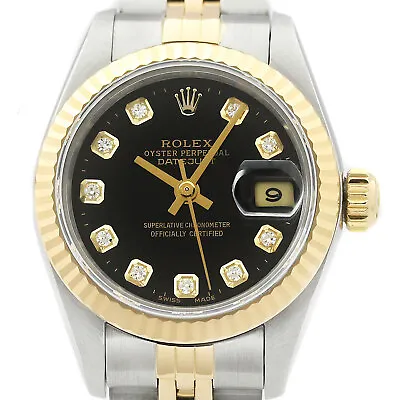 Rolex Ladies Datejust 69173 18K Gold & Steel Black Diamond Dial Two Tone Watch • $6677.40