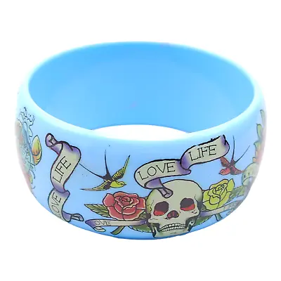 Ed Hardy Style Love Life Birds Skulls Roses Wide Bangle Bracelet Blue Vintage • $15.99