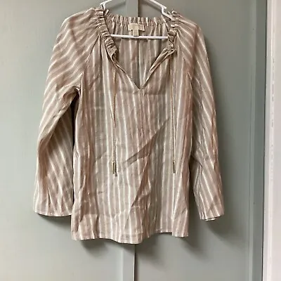 Michael Kors Top Womens Size Medium Striped Long Sleeves Tan Tie Neck Chains Gol • $19.99