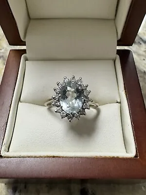 14k White Gold Vintage Aquamarine Diamond Ring Jewelry Antique Style Halo • $299