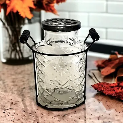 Rustic Glass Jar Vase In Metal Stand With Frog Lid 7 1/2  H • $21.95