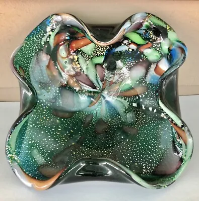 Vintage Murano  Venetian  Art Glass Accent Bowl Beautiful Colors -silver Specs • $25