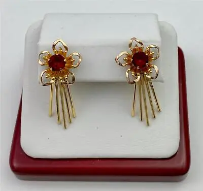 Vintage Van Dell Red Rhinestone Floral12K Gold Filled Metal Fringe Earrings • $19