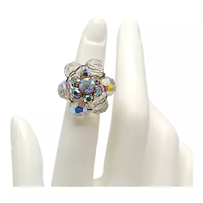 Faceted Crystal Beaded Rhinestones Flower Cocktail Ring Silver Tone Vintage 3.5 • $15.99