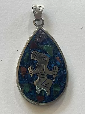 Large Mexican Teardrop Aztec Mosaic Pendant 925 Silver Mayan Calendar  • $54.99