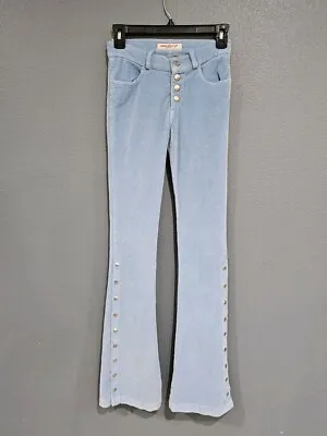 MISS SIXTY Corduroy Light Blue Low Rise Slim Fit Bootcut Button Snaps Hem Sz 24 • $39.99