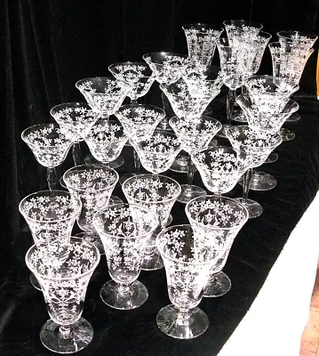 28 Pc Glasses Etched Mikado Morgantown Cordial Manhattan Champagne Martini Water • $199.99