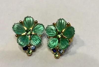 Vintage Green Flower With Stones Clip On Earrings  • $23.99