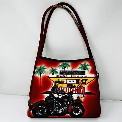 Woman Girl Rider Motorcycle Purse Shoulder Bag Bead Work Red Drive In Server • $9.95