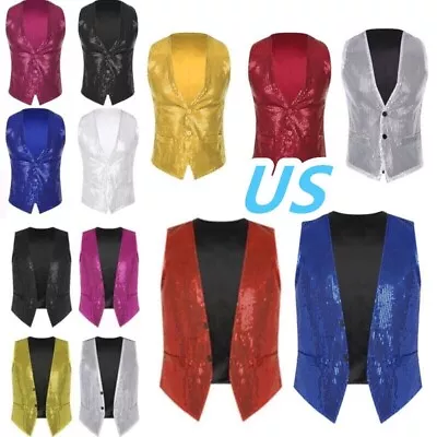 US Men's Sparkly Sequin Vest Waistcoat Sleeveless Slim Fit Nightclub Tuxedo Vest • $8.12