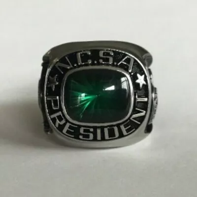 Silver Tone Green Stone NCSA President Chunky Ring Size 7 R1-K • $39.99