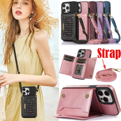 $15.99 • Buy For IPhone 14 13 12 11 Pro Max XS XR 8 7 Leather Bag Wallet Case Removable Strap