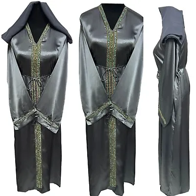 Luxury Grey Satin Women Stone Work Abaya Jalabiya Arab Long Dress • £45