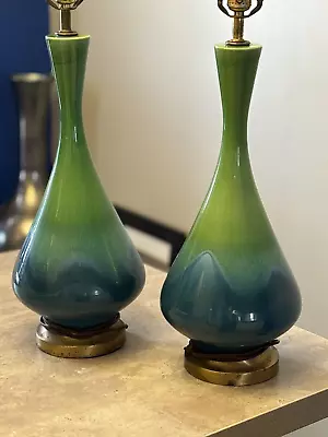 1950s MCM Royal Haeger Etruscan Blue Green Lava Drip Glazed Ceramic Lamps • $550