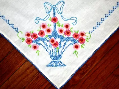 $12.99 • Buy Vtg White W Hand Embroidered Pink Flower Blue Basket + Crochet Tablecloth Topper