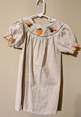 Boutique Thanksgiving Smocked Girls Gingham Bishop Dress 3t 4t • $20