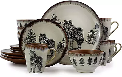 Round Stoneware Cabin Dinnerware Dish Set Wolf Design Brown Accents 16 Piece • $80.98