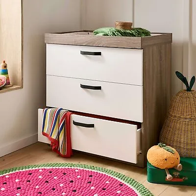 Baby Dresser Changer - Enzo Truffle Oak/White Changing Table With 3 Drawers • £399