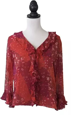 Y2K Red Ruffled Blouse L Silk Chiffon Crocheted Lace Floral  Victorian Edward • £18.02