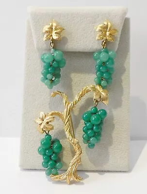Vintage Marvella Green Jade Glass Tree Grapes Brooch & Matching Earrings  Set • $33