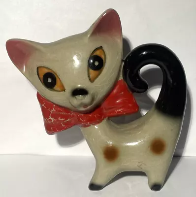 RARE Vintage Anamorphic Black Tail Ceramic Cat Red Bow Figurine 5  • $28