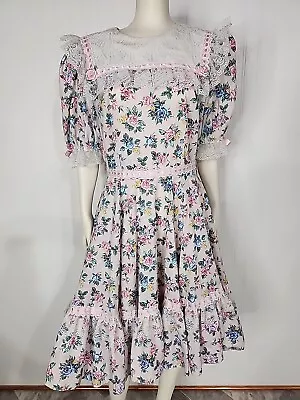 Vintage 1970s Malco Partners Please Pink Floral  Lace Square Dance Dress S 14 • $75