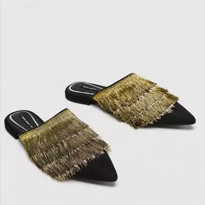 Zara L Gold Fringe Pointed Toe Slip On Loafers Size 5.5/36 • $40