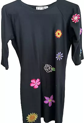 EUC MICHAEL SIMON Lite Black Floral Midi Dress Embroidered Flowers Pink Green S • $32.99