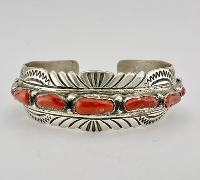Vtg Navajo Sterling Silver Red Mediterranean Branch Coral Stamped Cuff Bracelet • $295