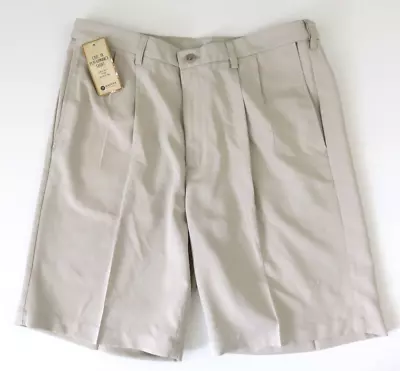 Haggar Men's Cool 18 Oxford Pleat Performance Tan Flat Front Shorts Size 36 NWT • $9.99