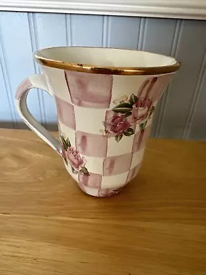 Mackenzie Childs Pink Coffee Cup Mug Pottery Checked Rose Petal Gold Rimmed • $75