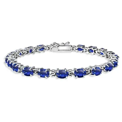 $55.88 • Buy 925 Silver Polished Created Blue Sapphire 6x4mm Oval-cut Link Tennis Bracelet