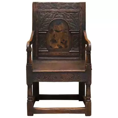 17th Century Charles I English Oak Wainscot Armchair Primate Design Hand Carved • $4421.38