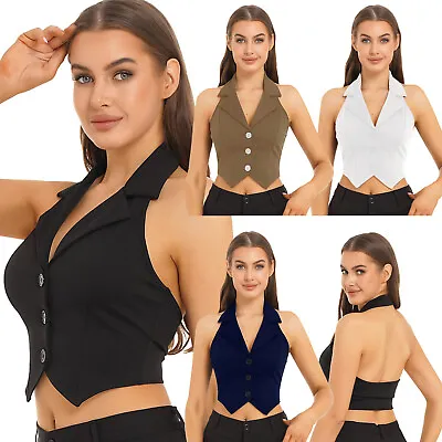 Women Halter Waistcoat Button Down Dressy Suit Cropped Party Waitress Vest Top • £21.35