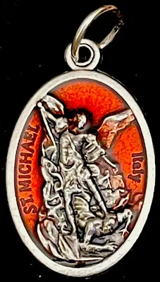 Catholic Saint St Michael Guardian Angel Red  Enamel Silver Tone Medal Italy • $6.99