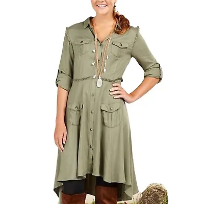 Long Sleeve Dress Button Front Hi Low Hem Green Boho Matilda Jane Women Small • $19