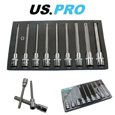 US PRO Tools 1/2  Dr 9 Piece 140mm Long Torx Star Bit Sockets Set T27 - T70 3304 • £13.83