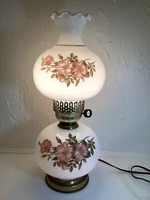 MILK GLASS Hurricane Lamp WHITE & FLORAL Design 3 WAY VINTAGE Parlor LAMP 17” • $52