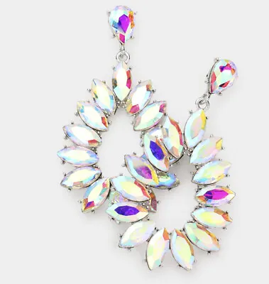 3.2” Big AB Dangle Aurora Borealis Crystal Silver Pageant Bridal Earrings • $16.50