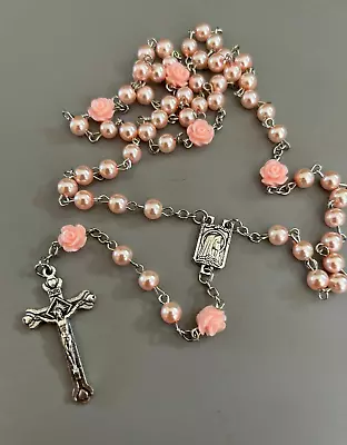 Pink Glass And Resin Rose Rosary Necklace On Silvertone Chain Lourdes • £5.95