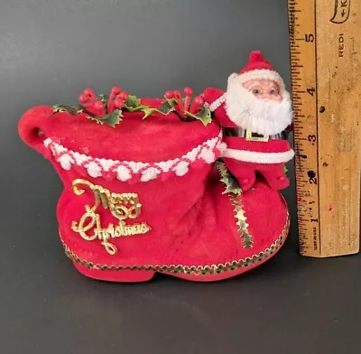 Vintage Mid Century Blow Mold Flocked Santa Chenille Stem Boot Holly Gold Foil • $12