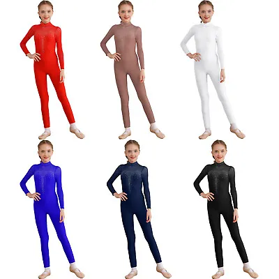 Kids Girls Bodysuit Rumba Leotard Training Jumpsuit Samba Costume Solid Color • £19.79