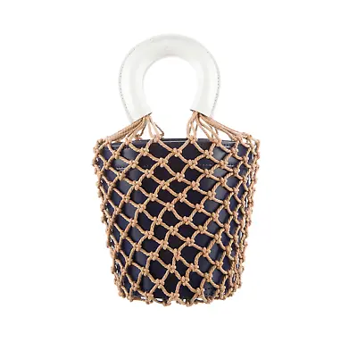 $214.74 • Buy Staud Moreau Bucket Tote Bag Purse Womens Navy Blue Tan Fish Net Leather Boho