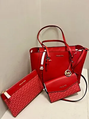 Michael Kors Charlotte Large Leather 3-in-1 Tote Shoulder Handbag - Poppy Orange • $180
