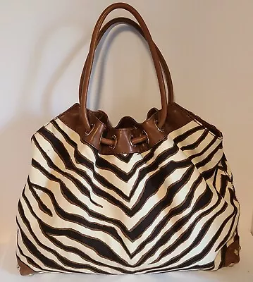 MICHAEL KORS ZEBRA PRINT HOBO SHOULDER Bag BROWN IVORY LEATHER TRIM LARGE • $79.99