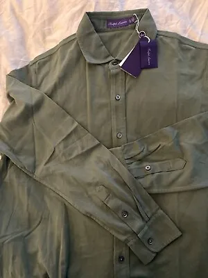 NWT $395 Ralph Lauren Purple Label Mens Cotton Polo Long Sleeve Shirt Olive 2XL • $119.95
