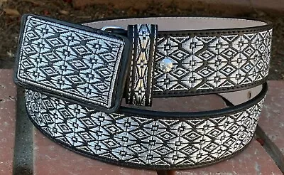 Cinto Charro Bordado Hilo Plateado. Mens Western Belt. Vaquero Leather Belt • $42.99