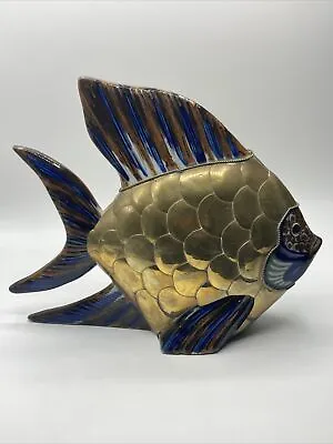 Mid Century Mixed Metal And Pottery Brass Ceramic Fish Sculpture Vintage Display • $300