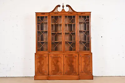 Baker Furniture Style Georgian Carved Flame Mahogany Breakfront Bookcase Cabinet • $3995